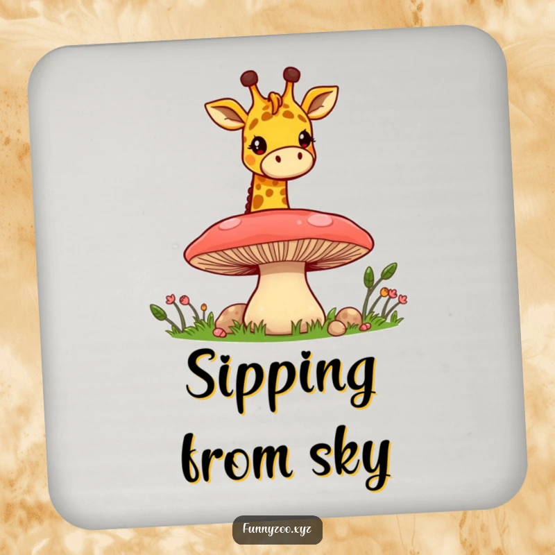 Funny Giraffe Mushroom Peek Coaster: A coaster featuring a cheerful giraffe peeking over a mushroom, protecting surfaces with whimsical humor.