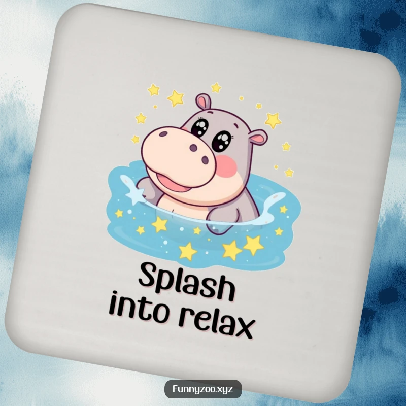 Funny hippo coaster, big eyes, giggling splash in a star-filled pool, adding a magical and protective touch to any table.