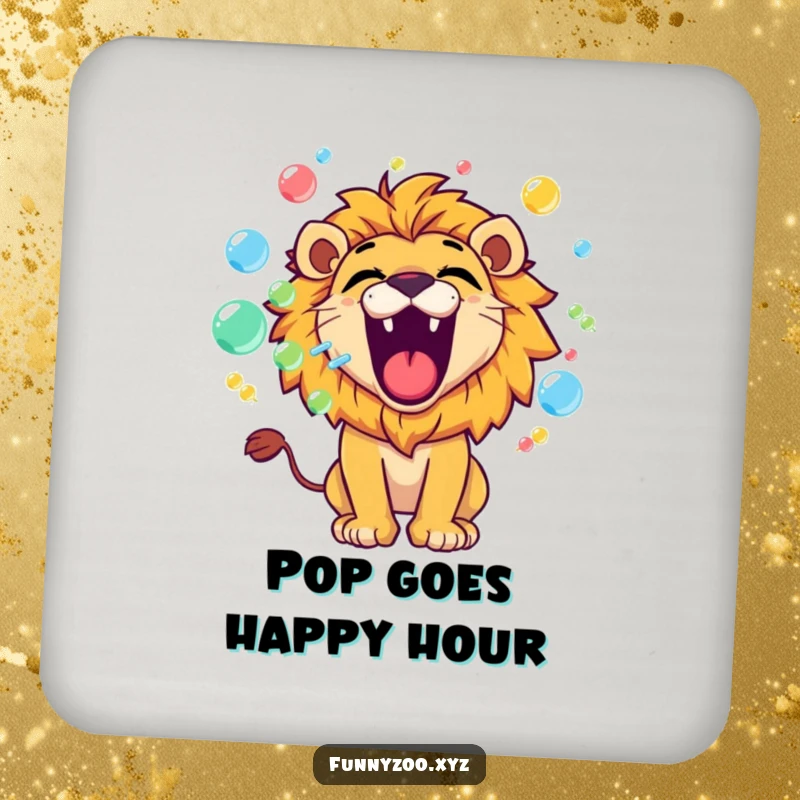 Funny lion coaster with a playful character roaring and blowing colorful bubbles, perfect for protecting surfaces humorously.