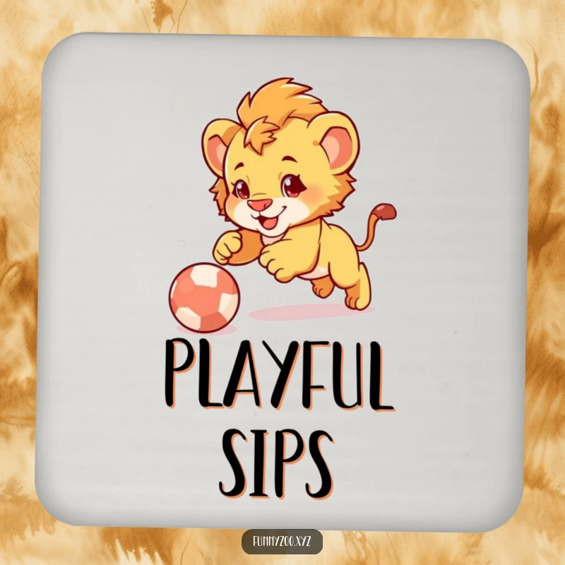 Funny Lion Cub Pounce Coaster: Artistic coaster featuring a cute lion cub playfully pouncing on a colorful bouncing ball.