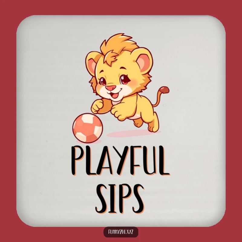 Funny Lion Cub Pounce Coaster: Playful Cub Ball Art, Cute Decor