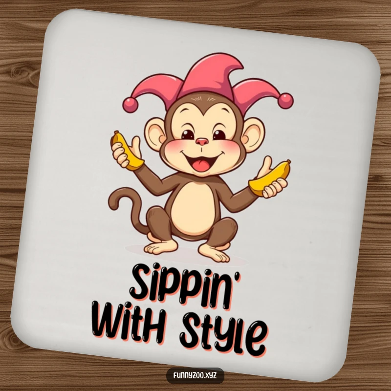 Funny Monkey Juggling Bananas Coaster: A small coaster showcasing a funny jester monkey juggling bananas, protecting surfaces with humor.