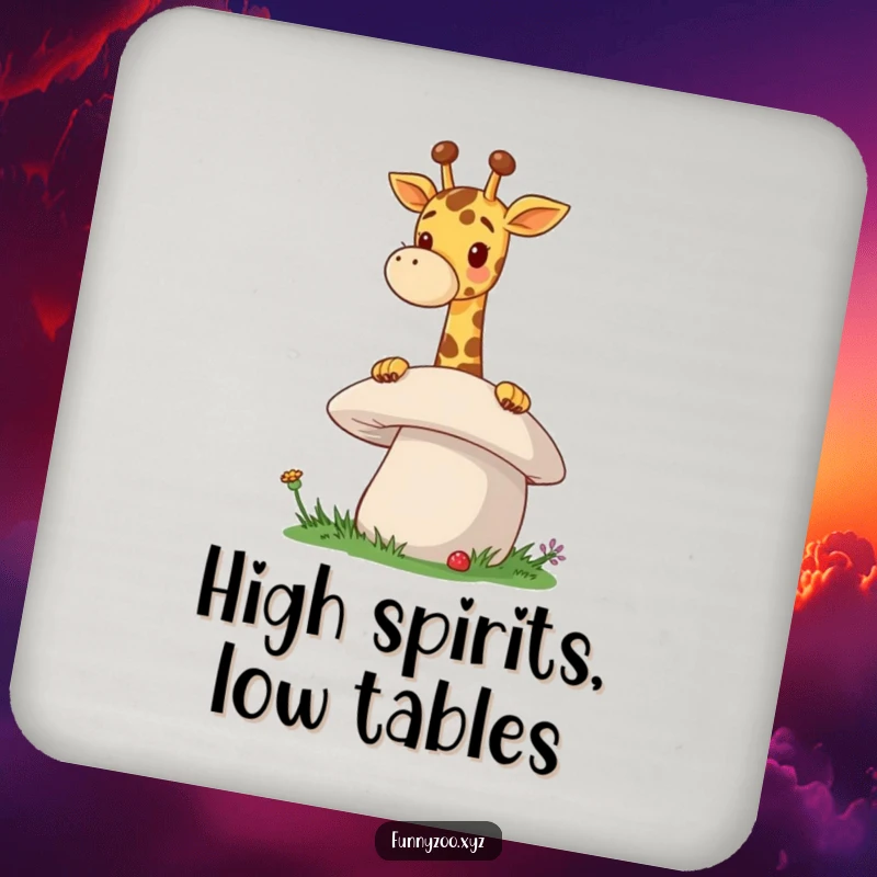 Funny Giraffe Mushroom Drink Coaster a cheerful giraffe peeks over a giant mushroom, protecting your tables with humor and a touch of wonder.