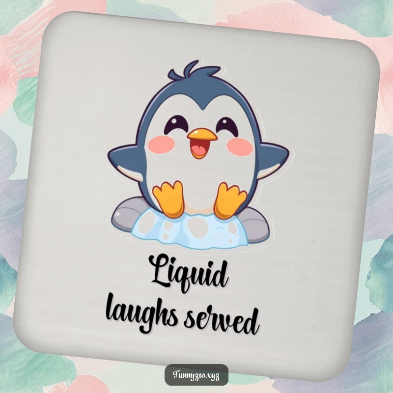 Funny Penguin Waterfall Drink Coaster a surprised penguin laughs while sliding down a waterfall, protecting your tables with humor and a splash of excitement.