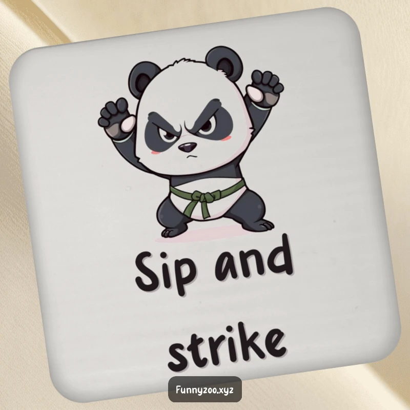 Funny panda coaster, determined squint, practicing martial arts, adding a focused and humorous touch to any table.