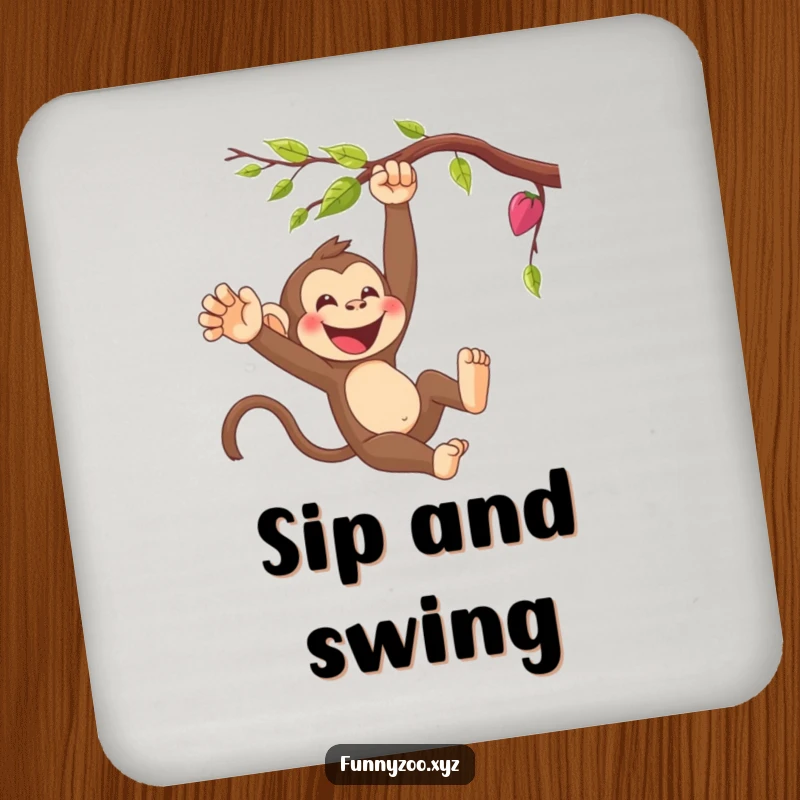 Funny cartoon monkey swinging from a vine on a drink coaster. Protects furniture with a humorous design.