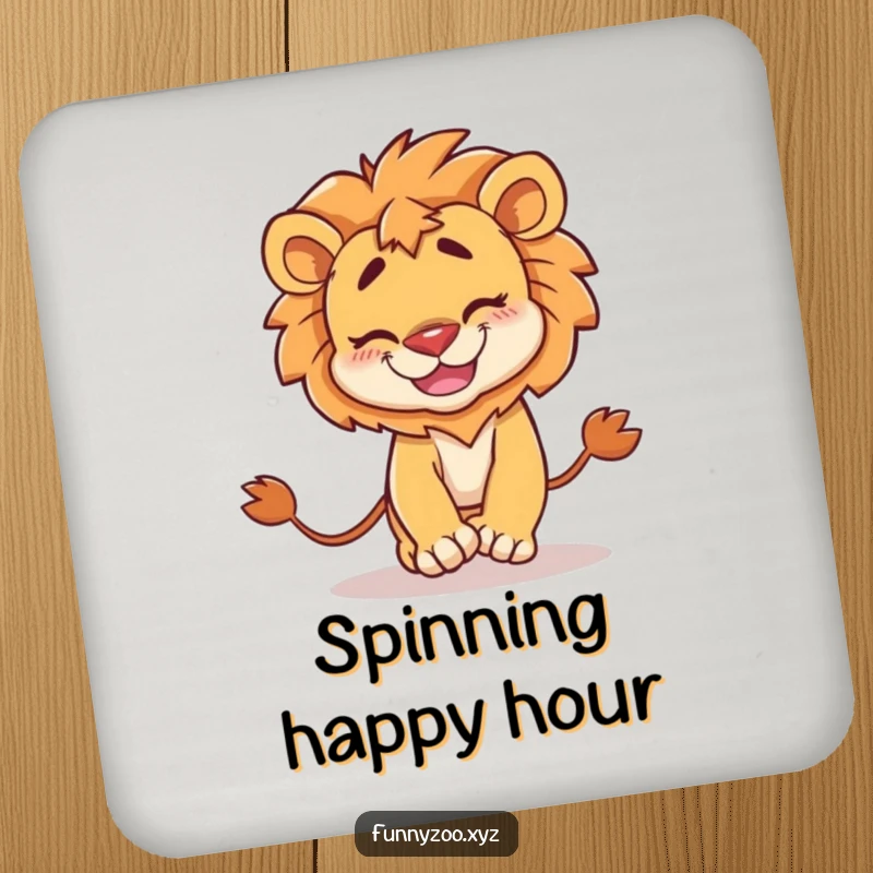Funny Coaster: Durable disk featuring a mischievous lion with a goofy grin, comically chasing its own tail.