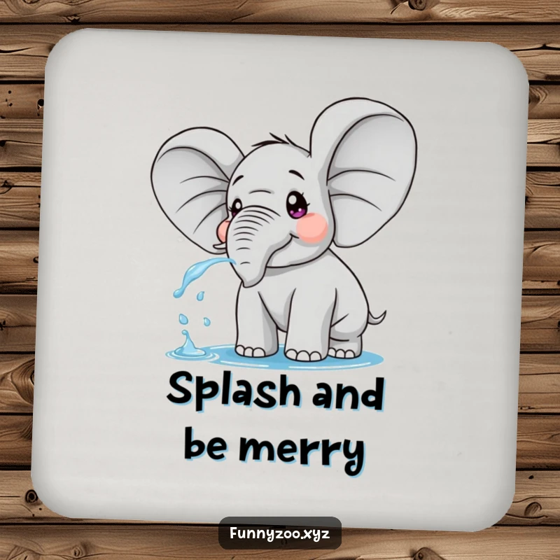 Funny drink coaster featuring a surprised elephant with giant ears, playfully spraying water, protecting tables with charm.