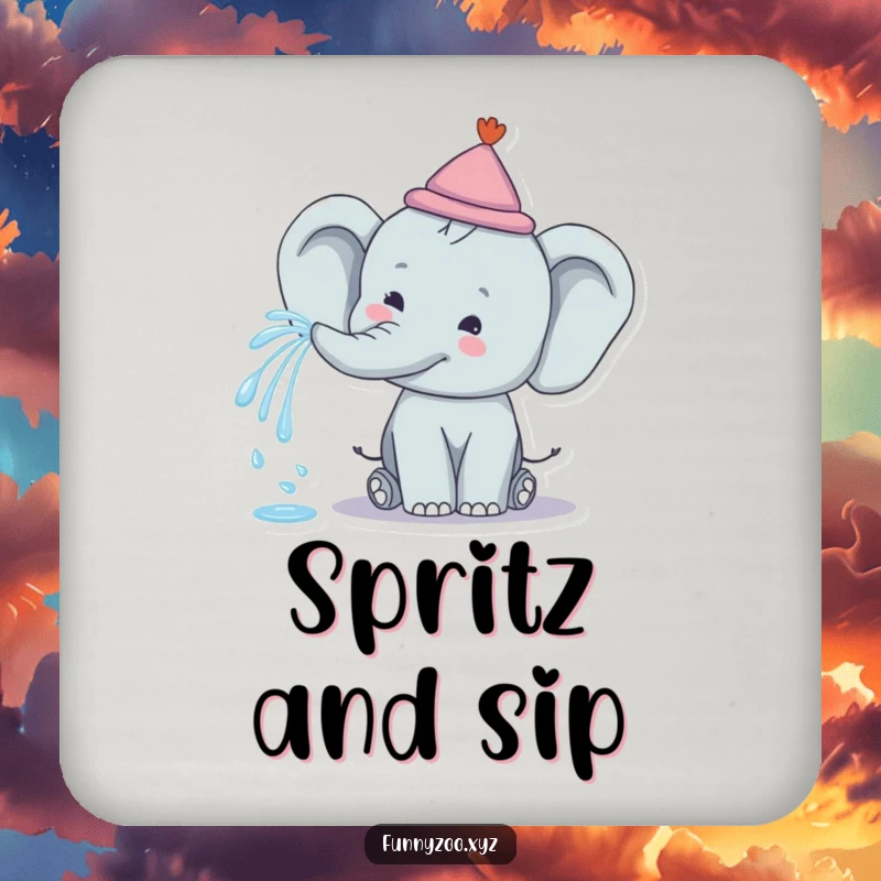 Funny Elephant Rainbow Spray Coaster: A coaster featuring a happy elephant spraying a rainbow, protecting surfaces with colorful humor.