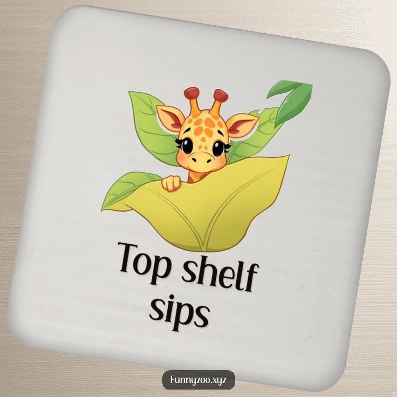 Funny giraffe drink coasters featuring a happy character peeking over a jungle leaf, adding playful charm to tabletops.