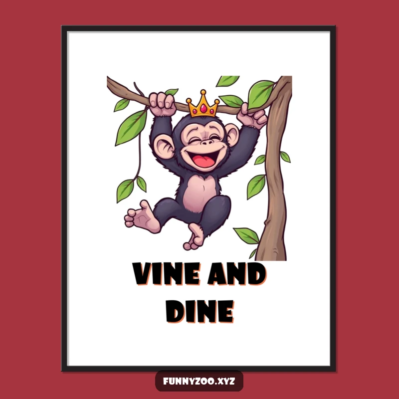 Funny Giggling Chimp Poster: Hilarious Swinging Primate Art with a Royal Crown