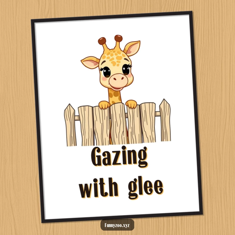 Funny Poster: Amusing giraffe curiously peering over a tall fence, a delightful and humorous wall art print.