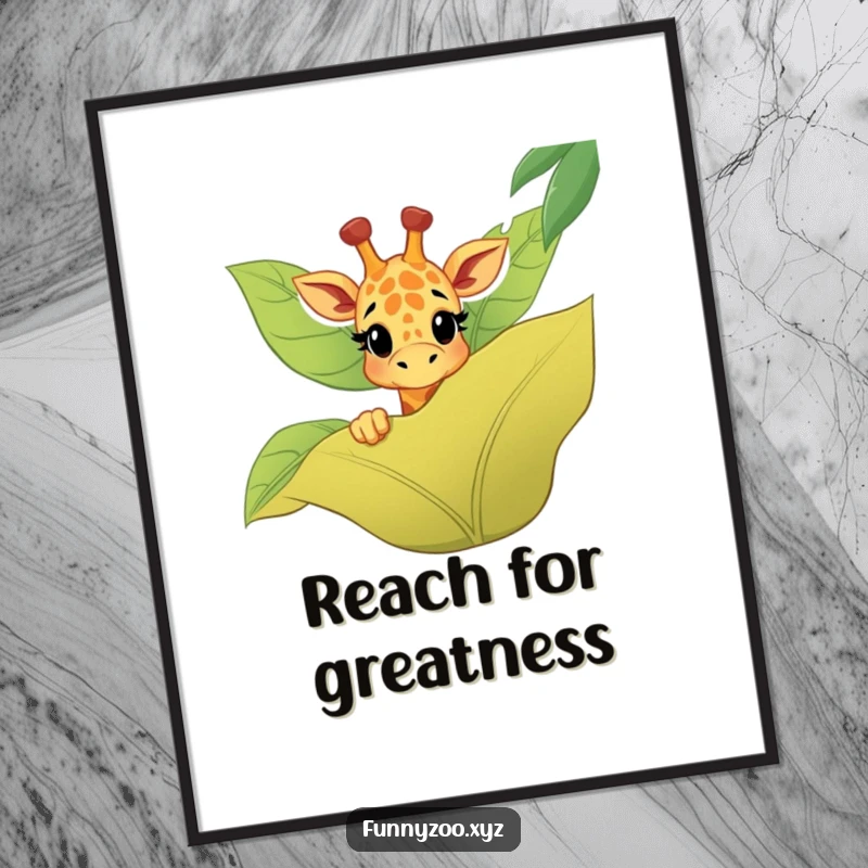 Funny giraffe poster showing a happy character peeking over a large, stylized jungle leaf, bringing jungle vibes.