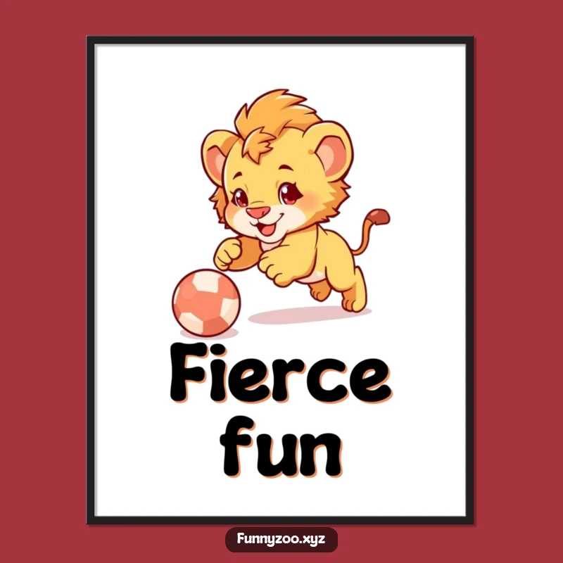 Funny Lion Cub Pounce Poster: Playful Cub Ball Art, Cute Funny Gift