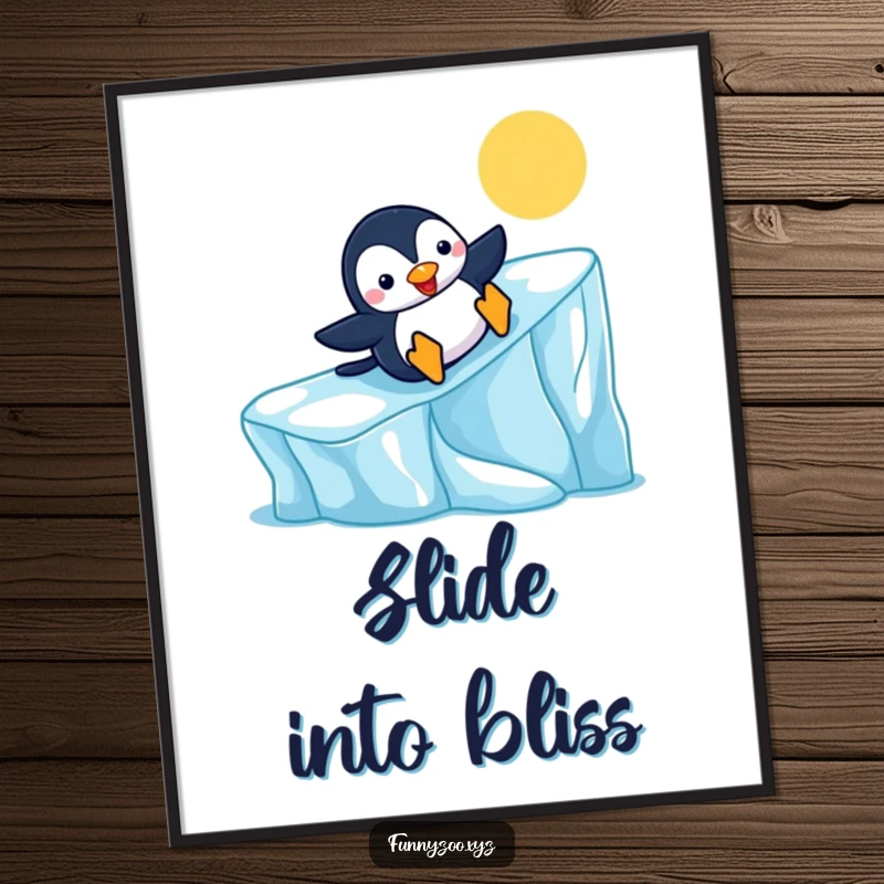 Funny Penguin Slide Poster on a colorful iceberg, artwork full of cheer and winter fun, a perfect funny gift.
