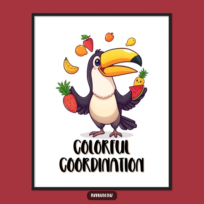 Funny Toucan Juggler Poster: Comical Bird Fruit Art, Tropical Funny Gift