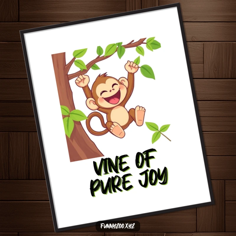 Funny monkey poster print of a laughing primate swinging joyfully from a vine.