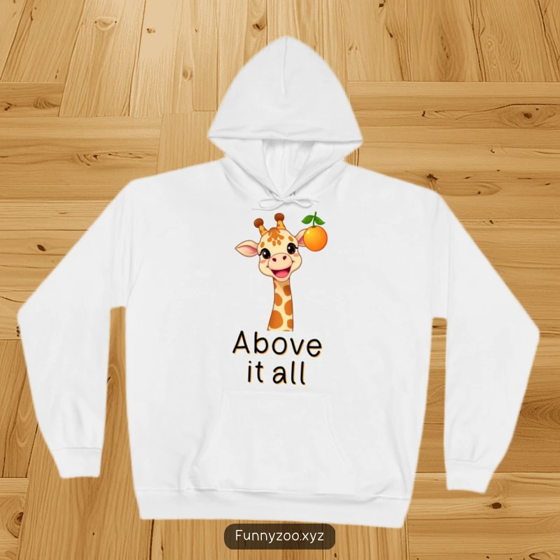 Funny hoodie depicting a cheerful giraffe with a wide grin, stretching to get a colorful piece of fruit.