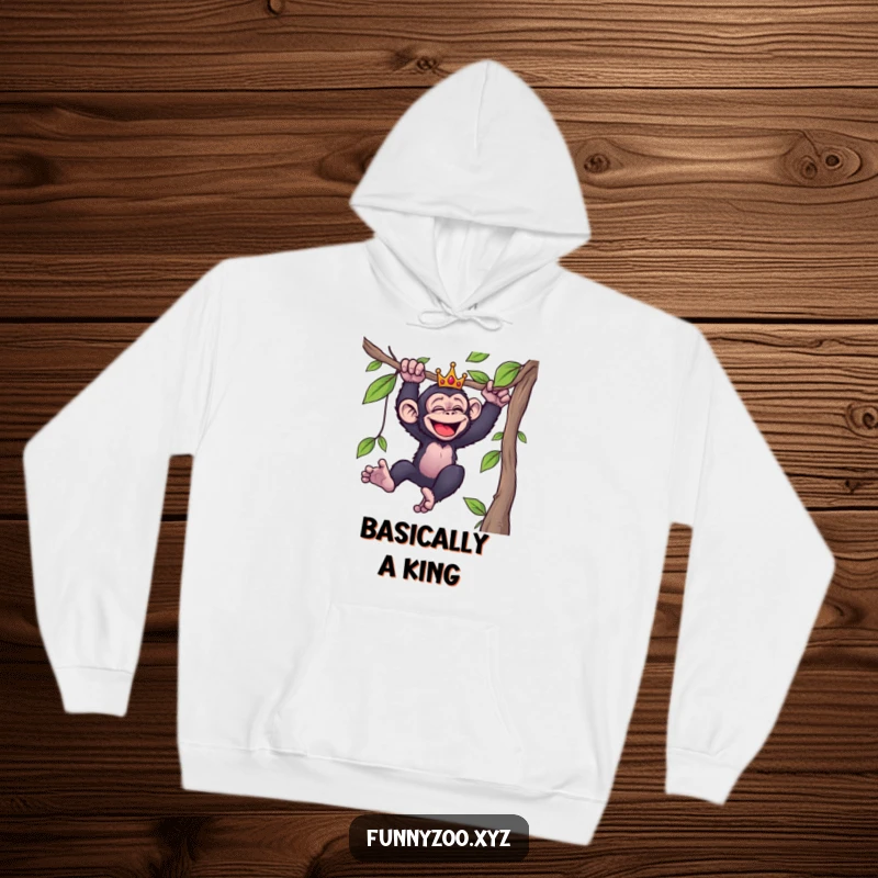 Funny hoodie depicting a joyful, crowned chimpanzee in mid-swing on a vine, exuding maximum primate silliness and comfort.