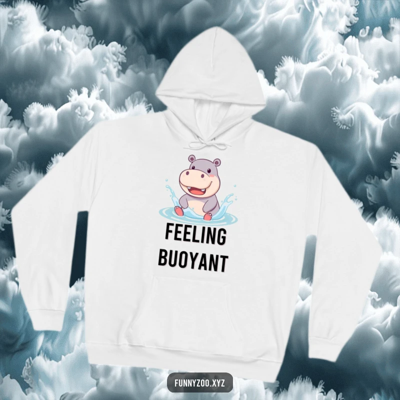 Funny Hoodie illustrating a jolly hippo character enthusiastically splashing in water, offering cozy warmth and humorous aquatic-themed art for a great gift.