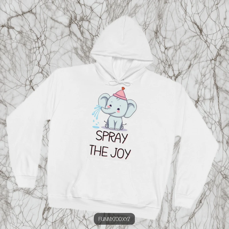 Funny Elephant Rainbow Spray Hoodie: A cozy hoodie featuring a happy elephant spraying a rainbow from its trunk, perfect for cheerful comfort.