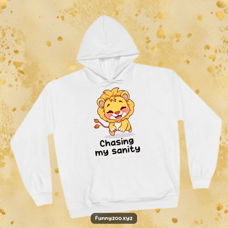 Funny Lion Chasing Tail Hoodie: A cozy hoodie featuring a mischievous lion with a goofy grin chasing its tail, perfect for relaxed fun.