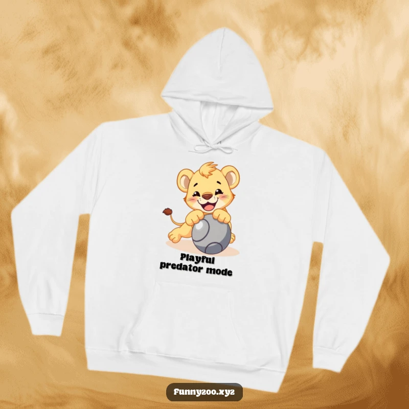 Funny lion cub hoodie, character playfully pouncing on a rolling ball, cozy and warm, excellent funny gift.