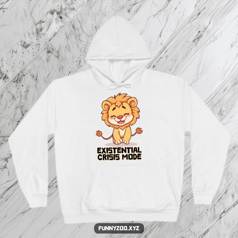 Funny Hoodie: Cozy fleece with a silly lion goofy grin, hilariously attempting to catch its own tail.
