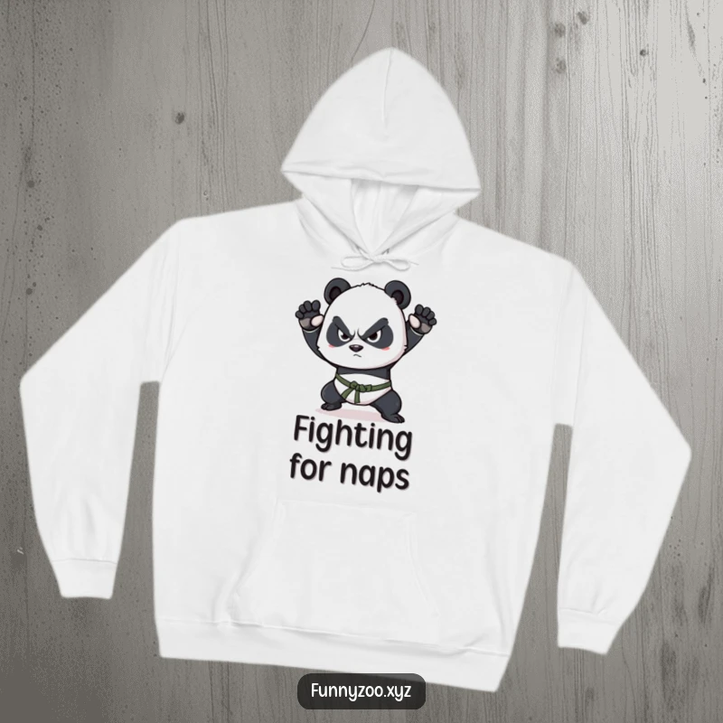 Funny panda hoodie, determined squint, practicing martial arts poses, offering warmth and motivational humor.