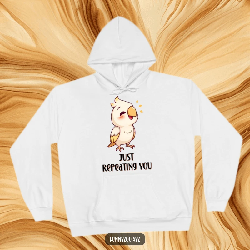 Funny parrot hoodie featuring a smiling bird mimicking a funny sound, perfect for laugh-out-loud moments.
