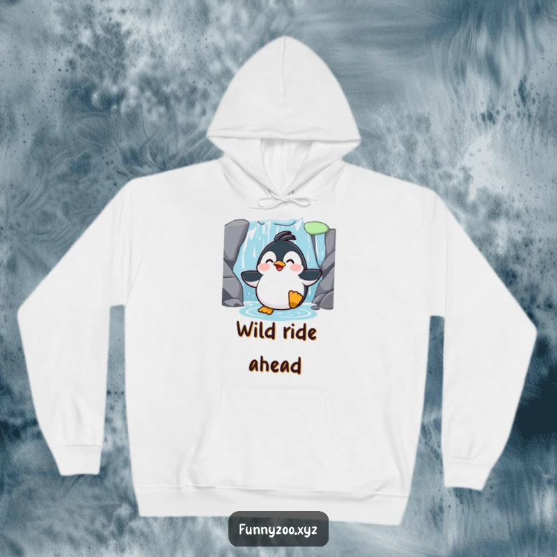 Funny Penguin Waterfall Slide Hoodie: A cozy hoodie featuring a surprised penguin cheerfully sliding down a waterfall, perfect for chilly days.