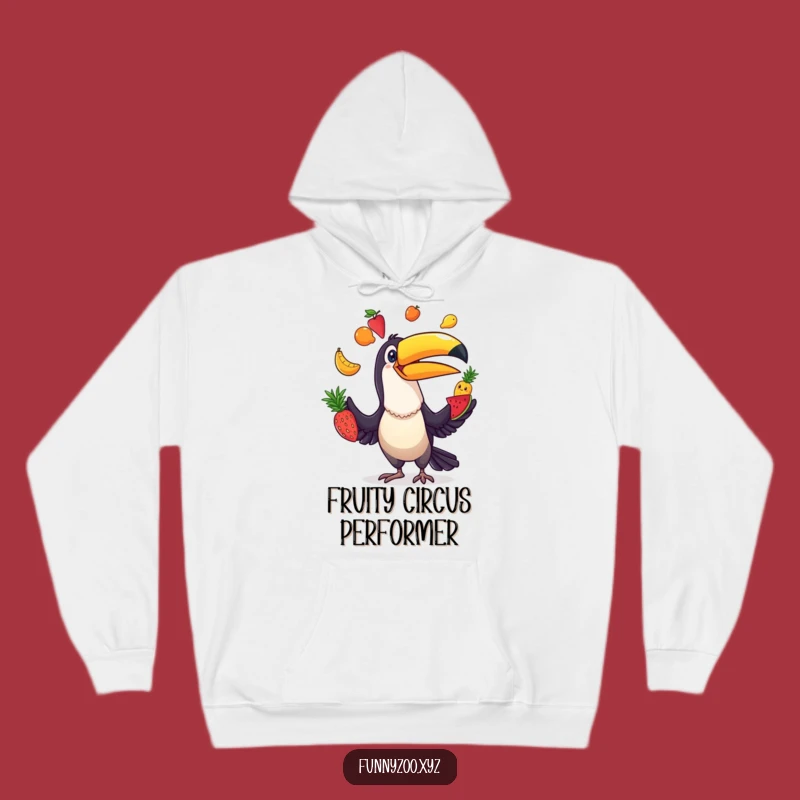 Funny Toucan Juggler Hoodie: Cozy Bird with Fruits, Warm Funny Gift