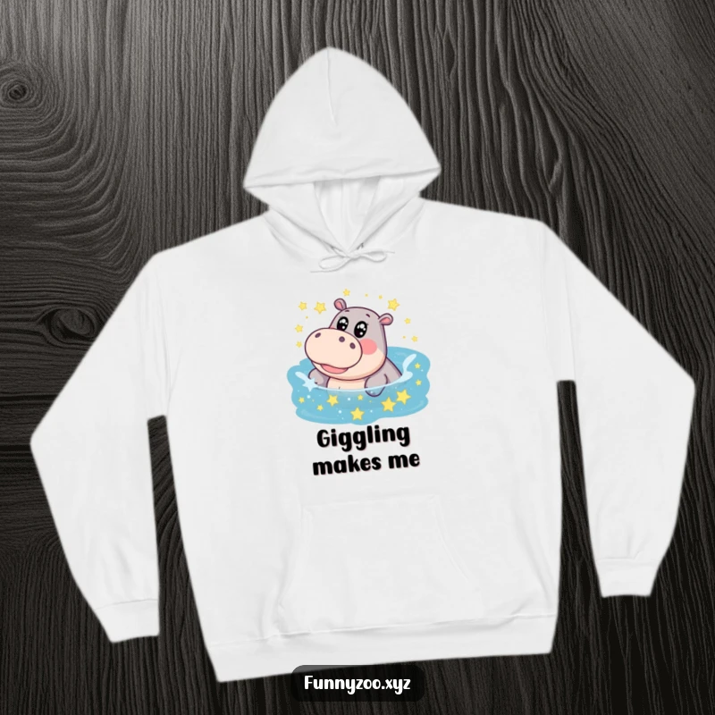 Funny hippo hoodie, big eyes, giggling and splashing amidst a cosmic pool of stars, providing warmth and whimsical charm.