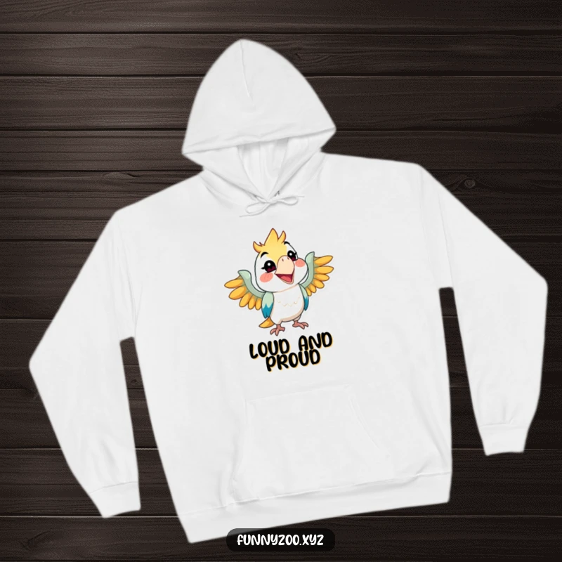 Funny parrot hoodie, character squawking with a wide grin, cozy and warm, excellent funny gift.