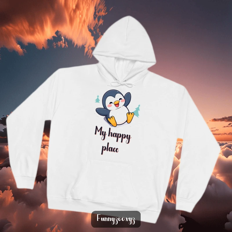 Funny penguin hoodie depicting a joyful character sliding down a snowy hill with a big grin, perfect for cozy winter vibes.