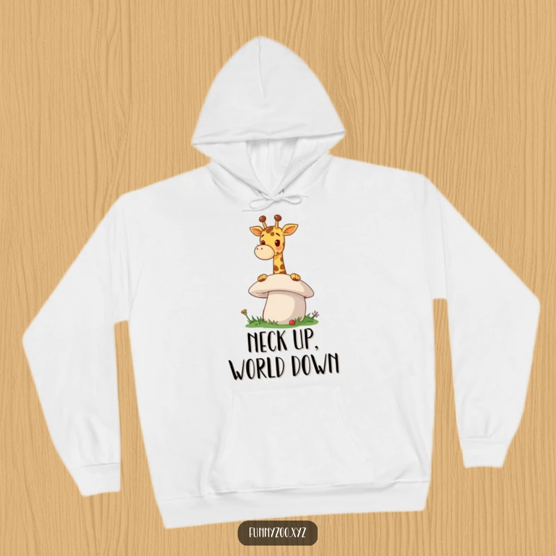 Funny Giraffe Mushroom Hoodie a cheerful giraffe playfully peeks over a giant mushroom, offering cozy comfort and a dose of whimsical, heartwarming fun.
