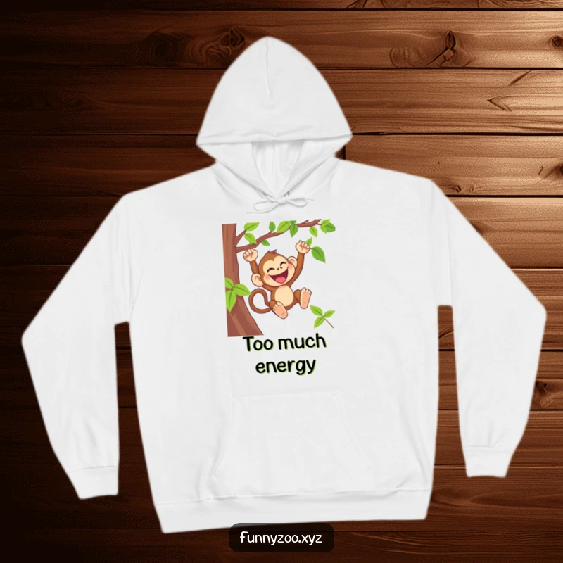 Funny monkey hoodie showing a laughing primate swinging from a vine, perfect for cozy fun.