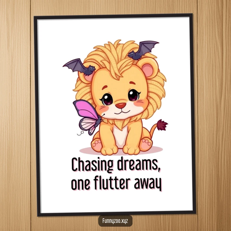 Funny Free Printable Wall Art: Playful lion cub with a unique mane of fluffy yarn, gently batting at a delicate butterfly.