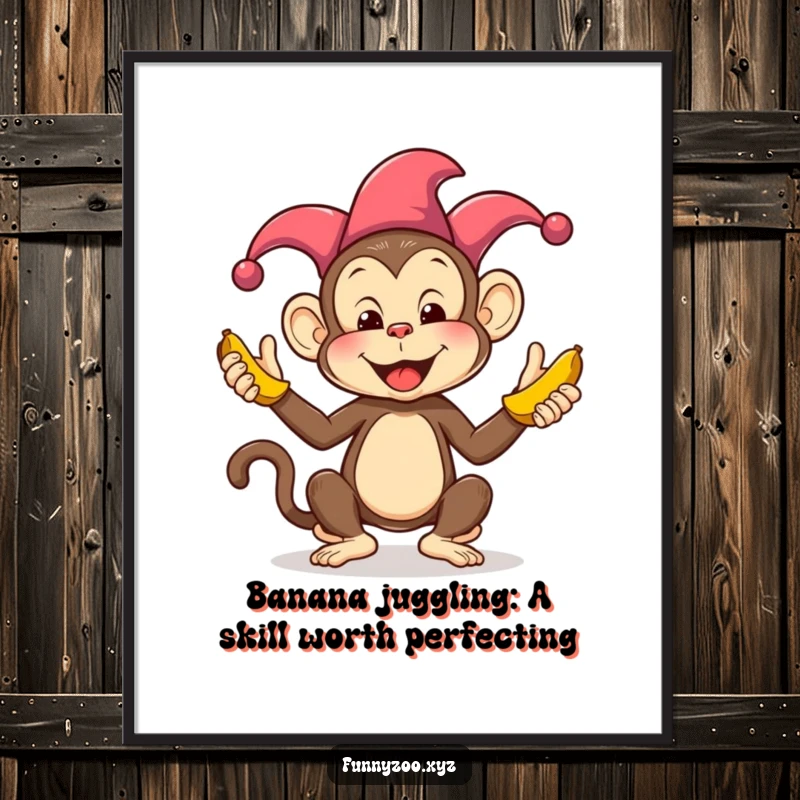 Funny Free Printable Wall Art: Jester Monkey in mid-air, juggling colorful bananas with a mischievous grin.