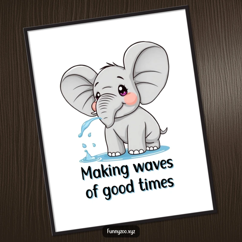 Funny Free Printable Wall Art: Surprised elephant with large ears playfully spraying water, creating a dynamic and cheerful visual.
