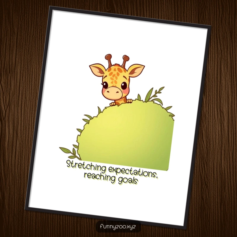 Funny Free Printable Wall Art: Giraffe character peeking over a tall cartoon bush, playful and curious, perfect for quirky home decor.
