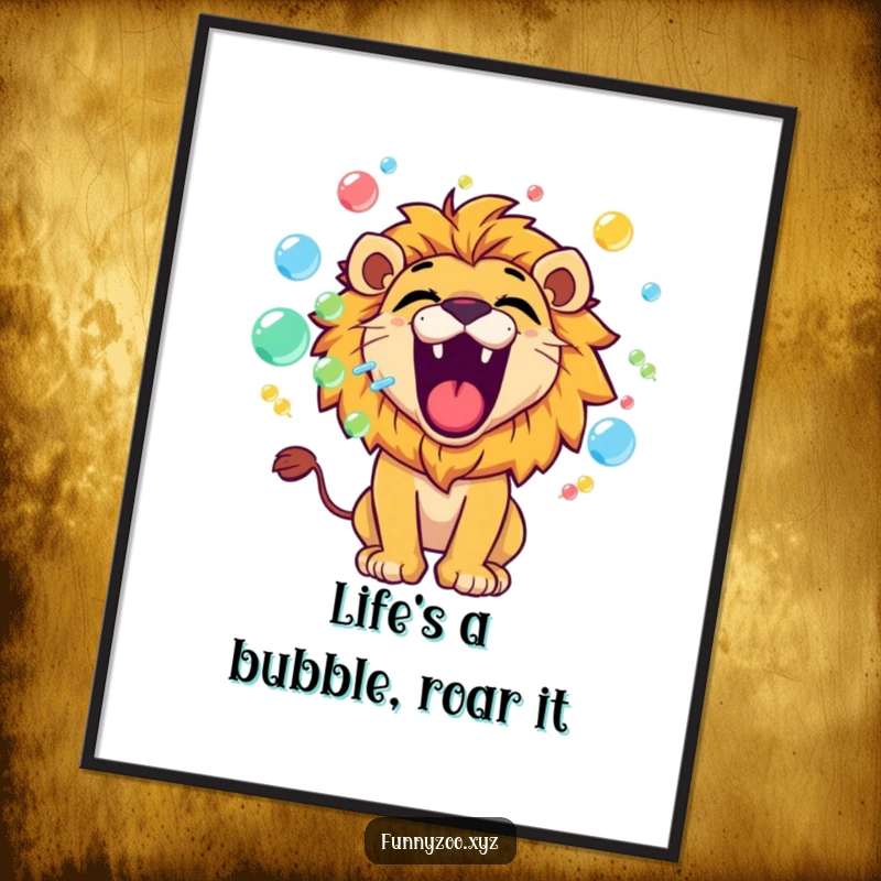 Funny Free Printable Wall Art: A lion playfully roars, blowing a stream of colorful bubbles, adding whimsical charm.