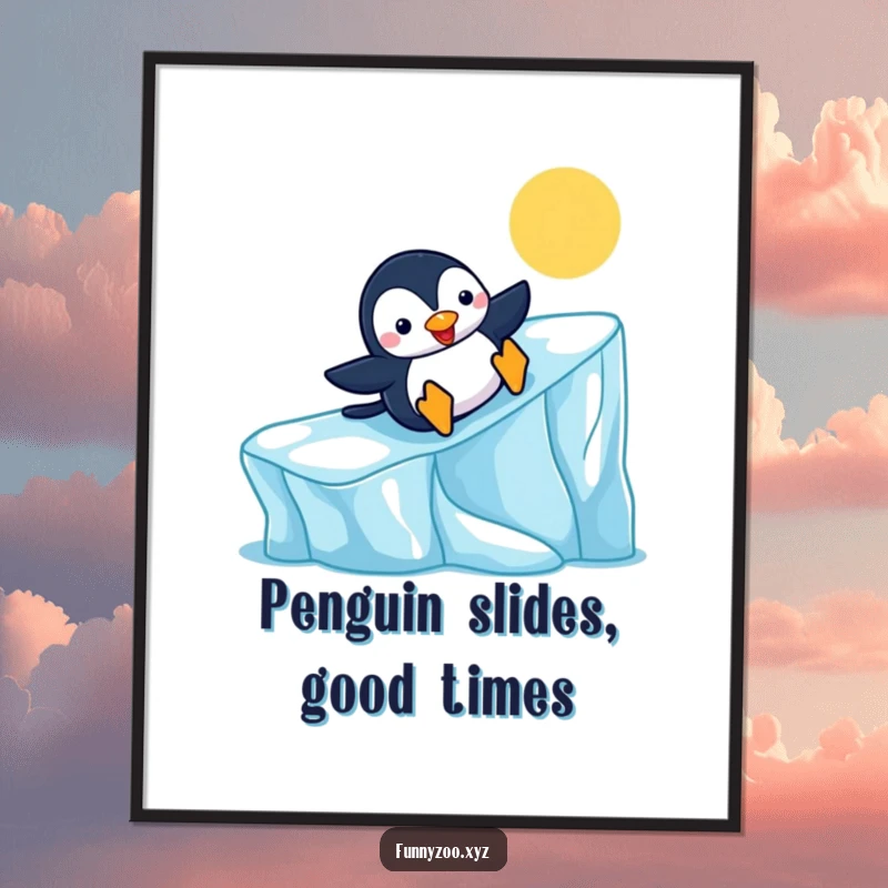 Funny Free Printable Wall Art: Cheerful penguin sliding down a vibrant iceberg, a humorous, downloadable piece of arctic art.