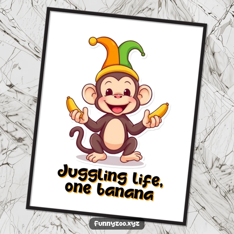 Funny Free Printable wall art: A silly monkey wearing a jester hat, juggling bright bananas with a grin.