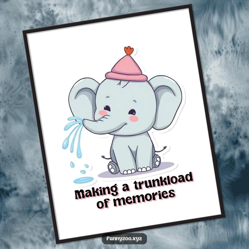 Funny Free Printable Wall Art: Happy elephant with a tiny hat spraying a beautiful rainbow from its trunk.