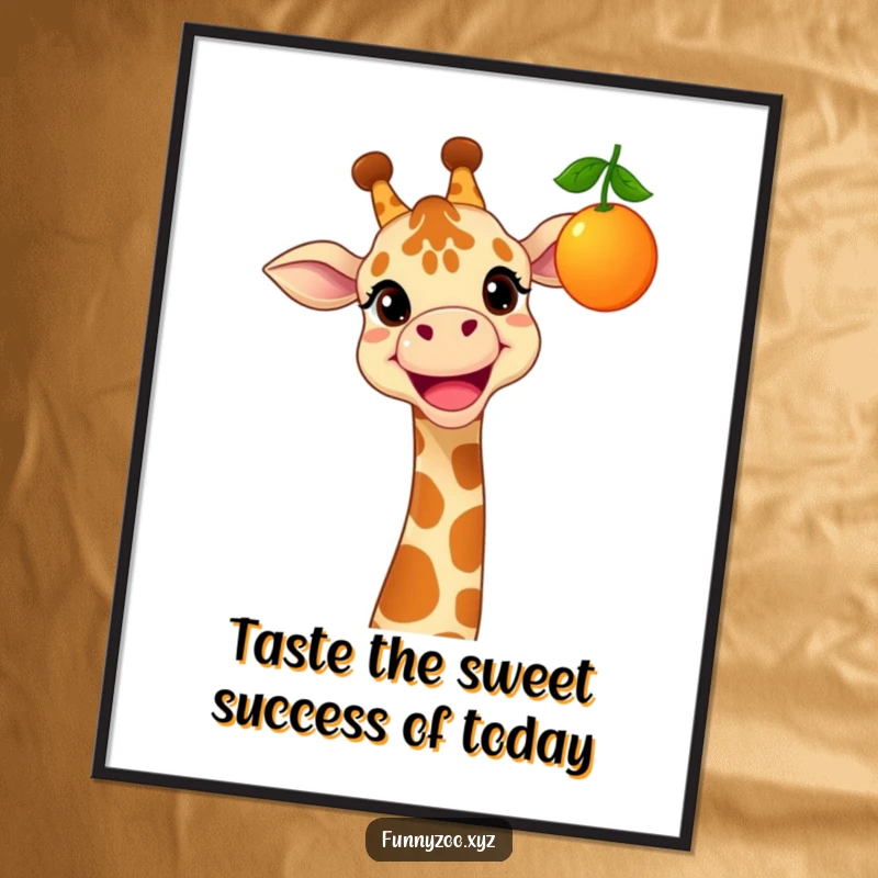 Funny Free Printable Wall Art: Cheerful giraffe with a wide grin reaching up towards a colorful, dangling fruit, full of joy.