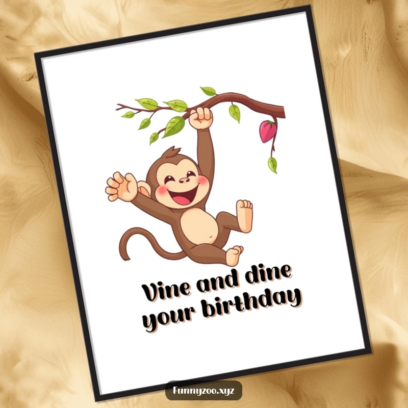 Funny Free Printable Wall Art: Giggling cartoon monkey mid-swing on a vine, exuding pure, unadulterated joy and playful energy.