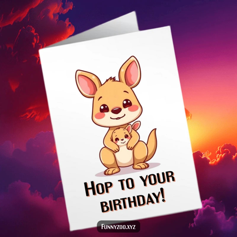 Funny Free Printable Birthday Card: Silly Kangaroo with Joey Peeking Out Making a Funny Face
