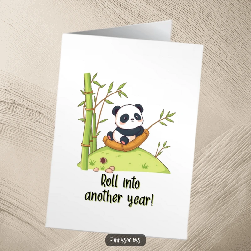 Funny Free Printable Birthday Card: Curious Panda Rolling Inside a Giant Bamboo Stalk Downhill