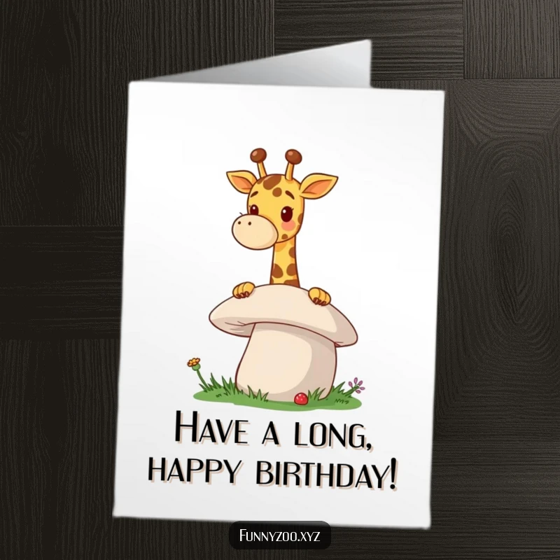 Funny Free Printable birthday card: A cheerful giraffe with a long neck playfully peeking over a giant mushroom.
